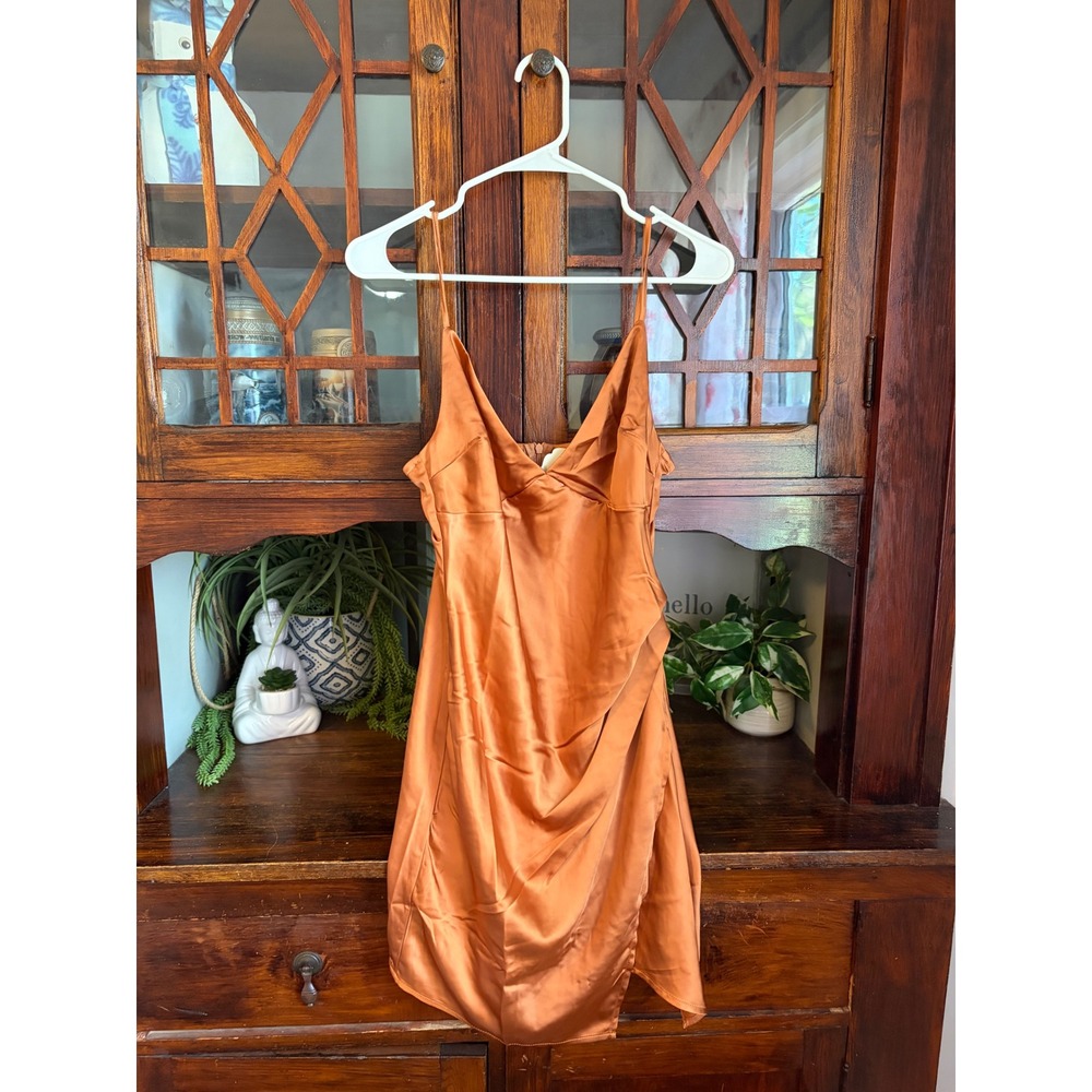 Altar'd State Ulissa Satin‎ Ruched Faux Wrap Mini Dress Cinnamon Medium NEW